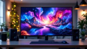 A photograph of a sleek 100-inch led monitor displaying vibrant visuals in a modern workspace