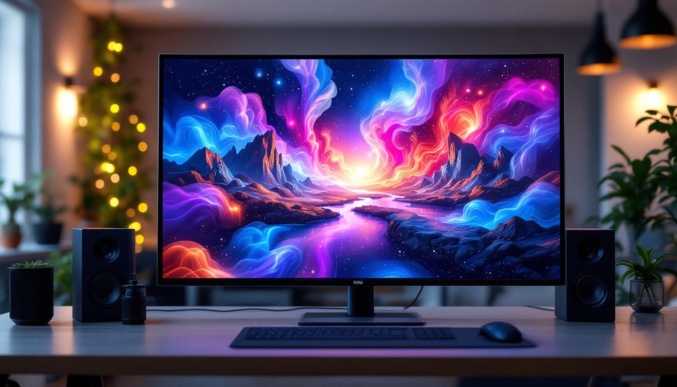 A photograph of a sleek 100-inch led monitor displaying vibrant visuals in a modern workspace