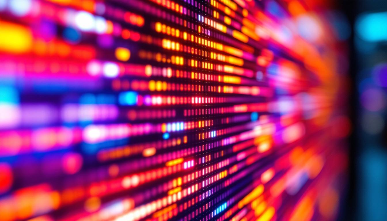A photograph of a close-up shot of a vibrant led display showcasing a dynamic image or animation