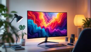 A photograph of a sleek 65-inch led monitor displaying vibrant visuals in a modern home office setup