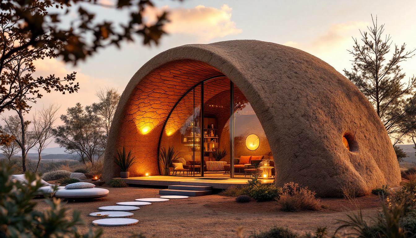 A photograph of a beautifully constructed cob house featuring an integrated led display