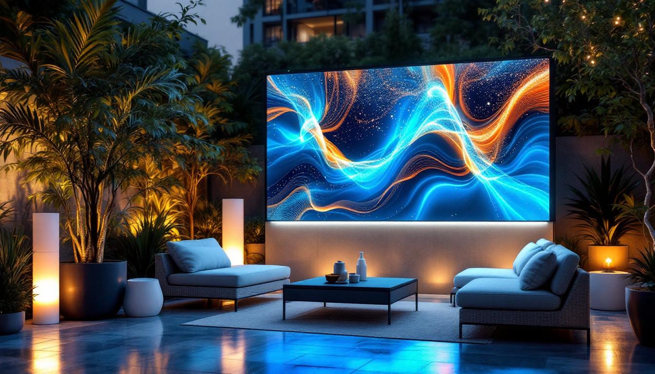 A photograph of a modern outdoor privacy screen featuring an led display