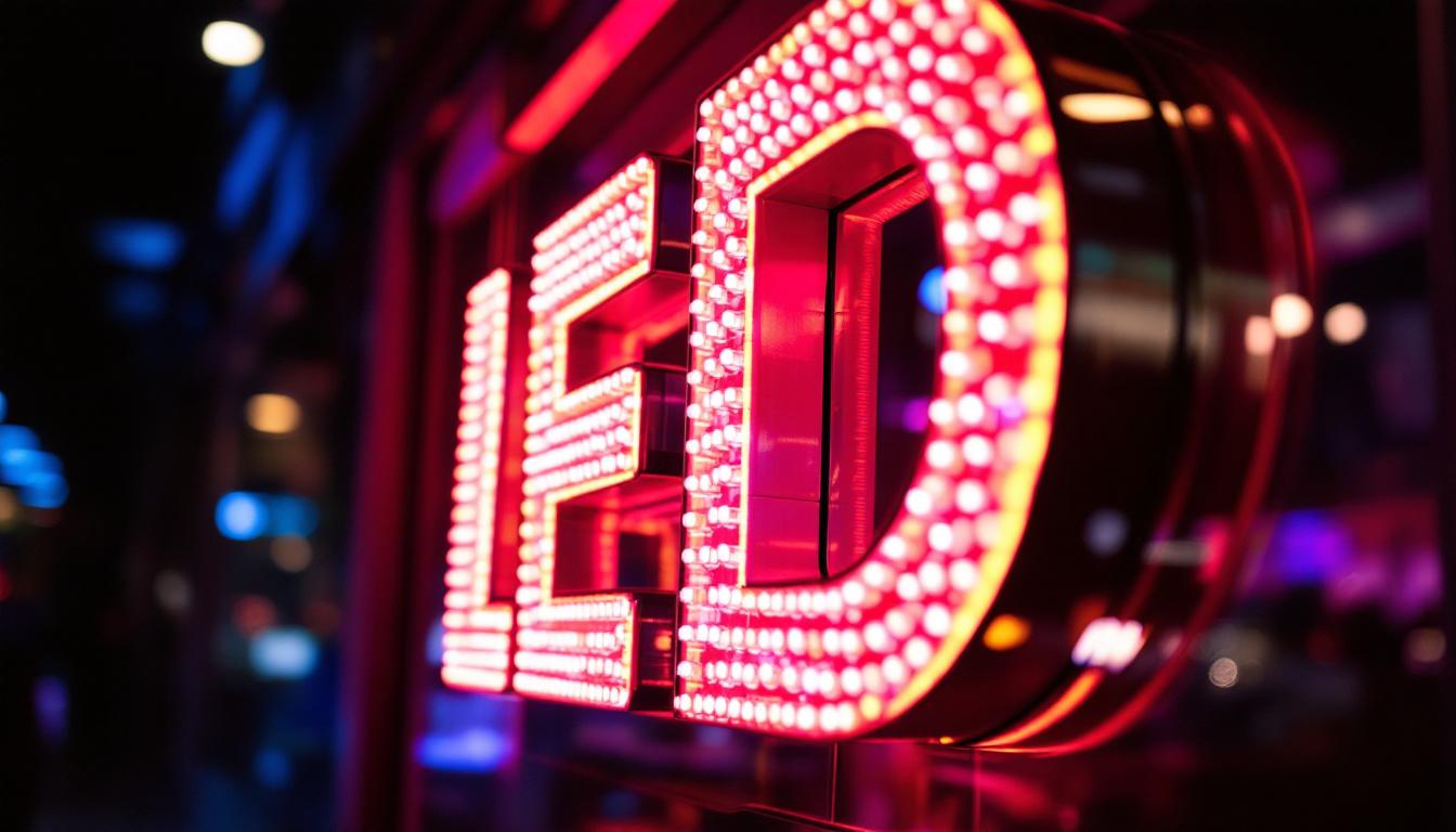A photograph of a vibrant led logo sign illuminated in a dark setting