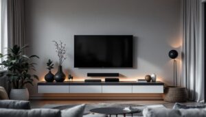 A photograph of a stylish wall mount entertainment unit featuring a sleek led display