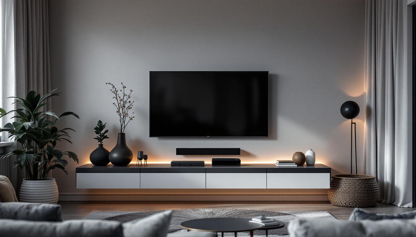 A photograph of a stylish wall mount entertainment unit featuring a sleek led display