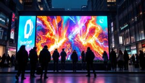A photograph of a vibrant led display in a bustling urban setting