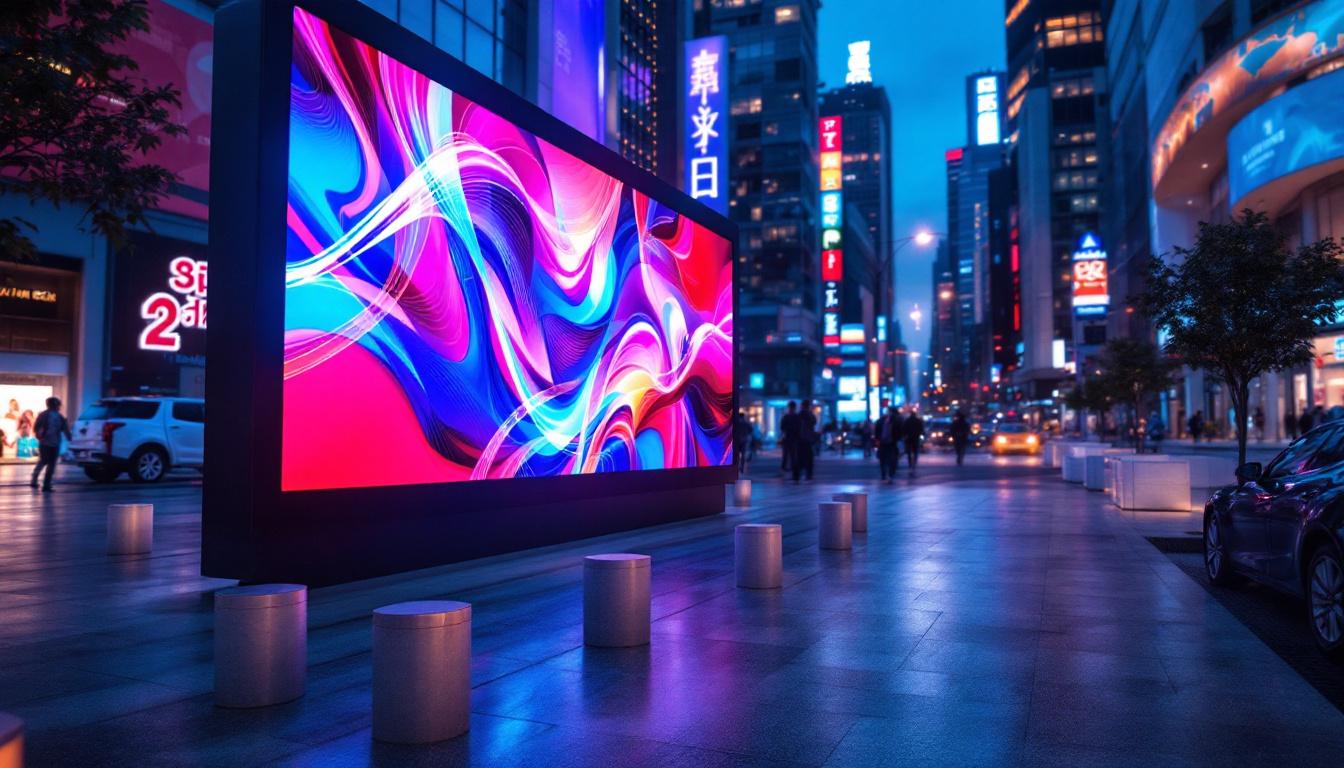 A photograph of a modern led display in a vibrant urban setting