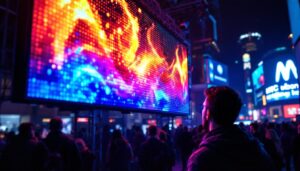 A photograph of a vibrant led display in action
