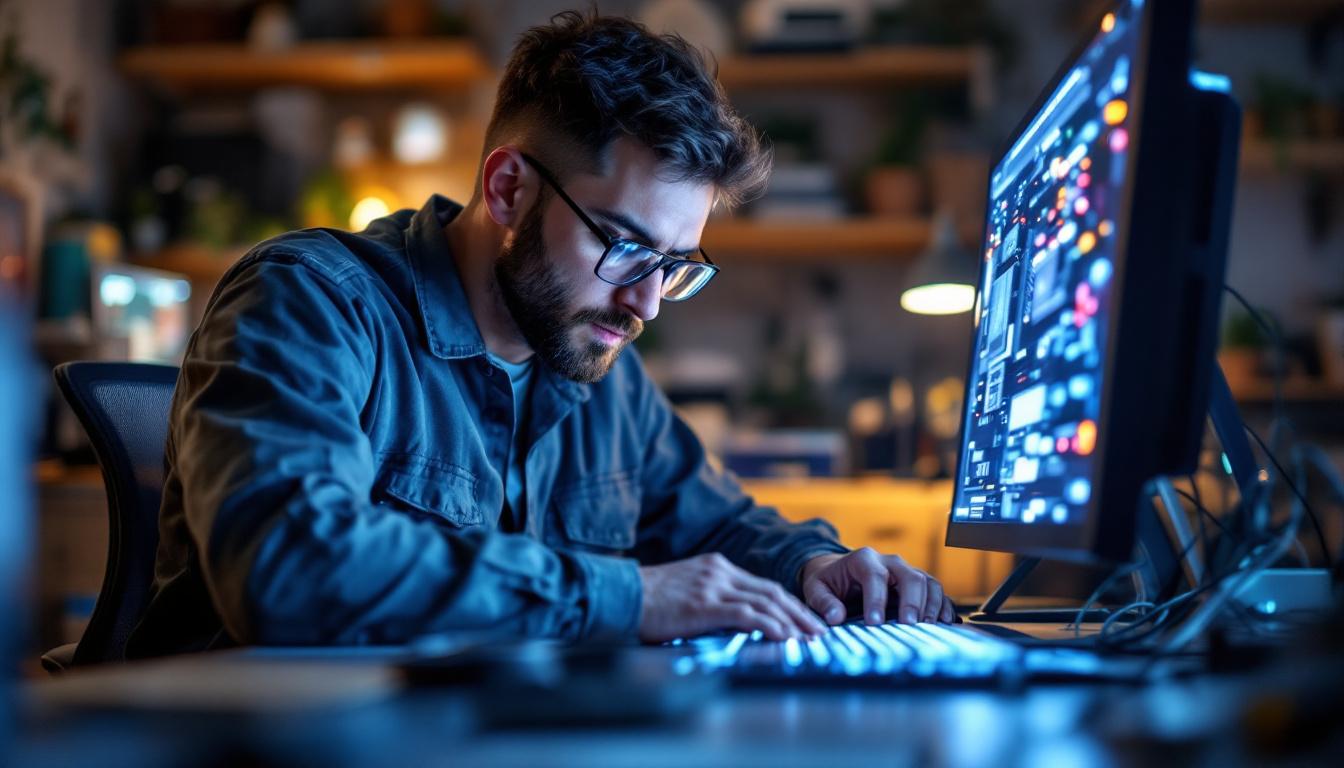 A photograph of a skilled technician working on a computer with a focus on the led display