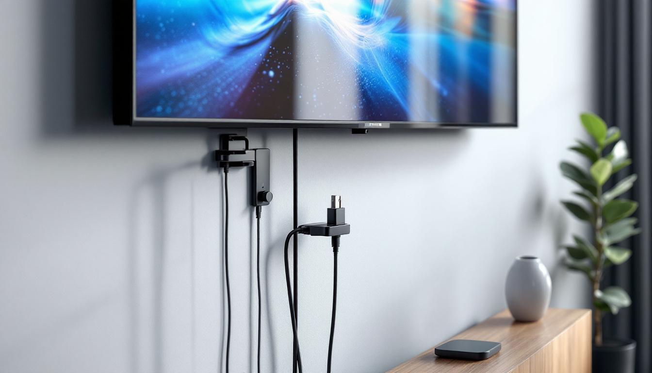 A photograph of a sleek and modern tv wall power kit installation