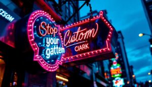 A photograph of a vibrant led custom sign in a dynamic urban setting at dusk