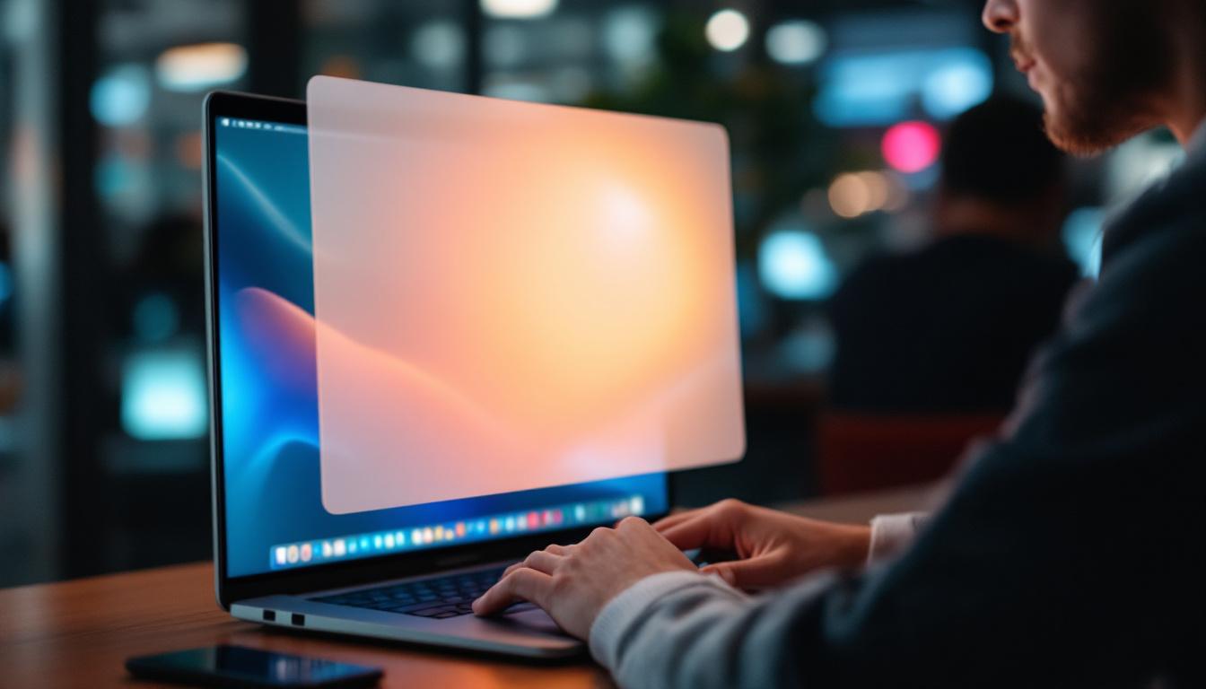 A photograph of a person using a laptop or monitor in a public setting