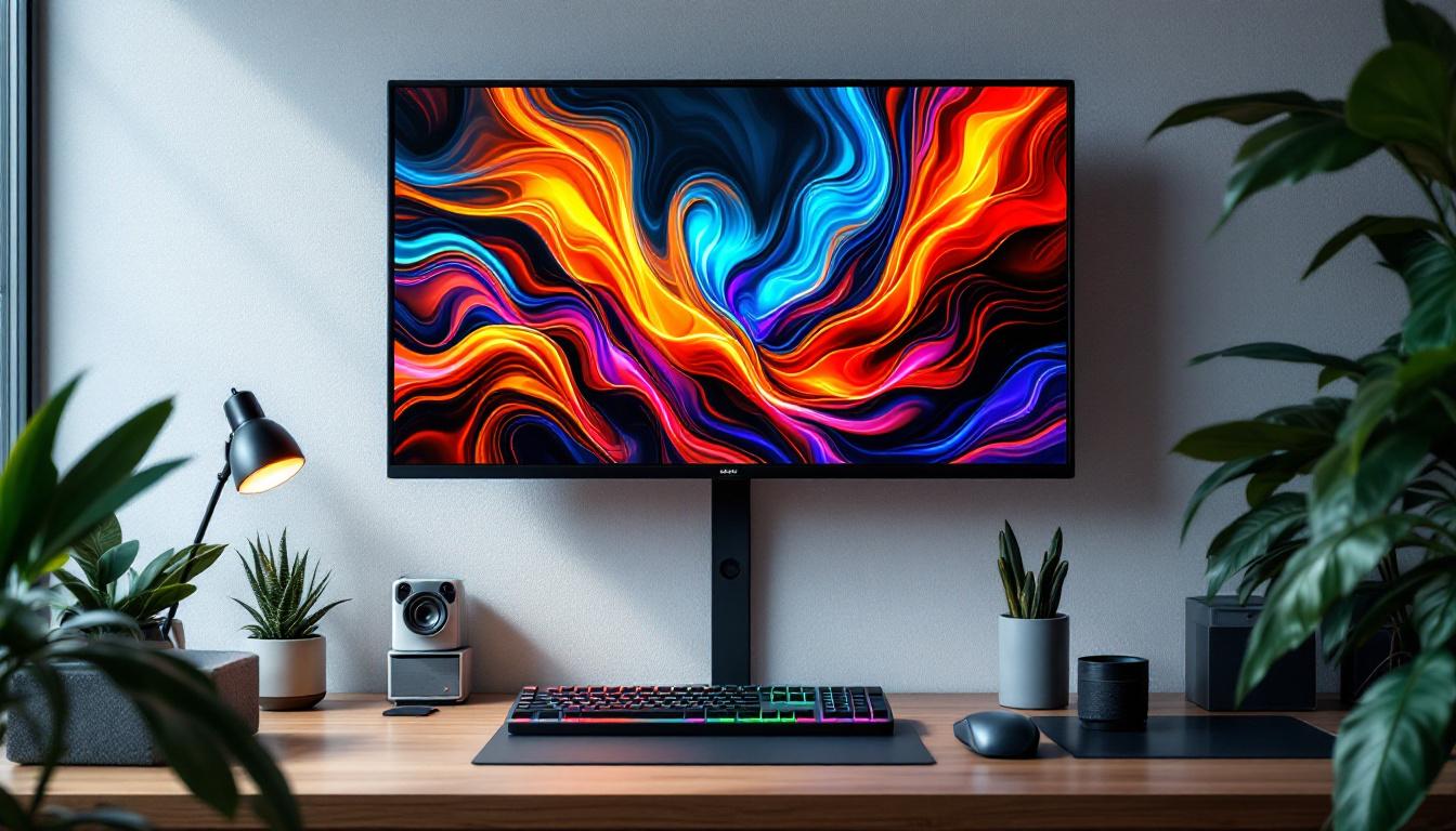 A photograph of capture a photograph of a sleek wall-mounted pc setup featuring a vibrant led display