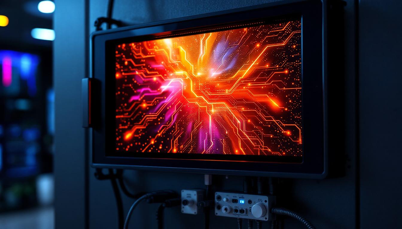 A photograph of a sleek wall mount rack cabinet featuring a vibrant led display