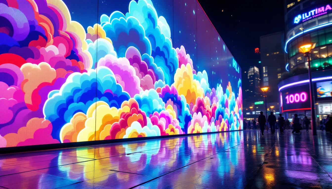 A photograph of a vibrant led display showcasing dynamic cloud patterns