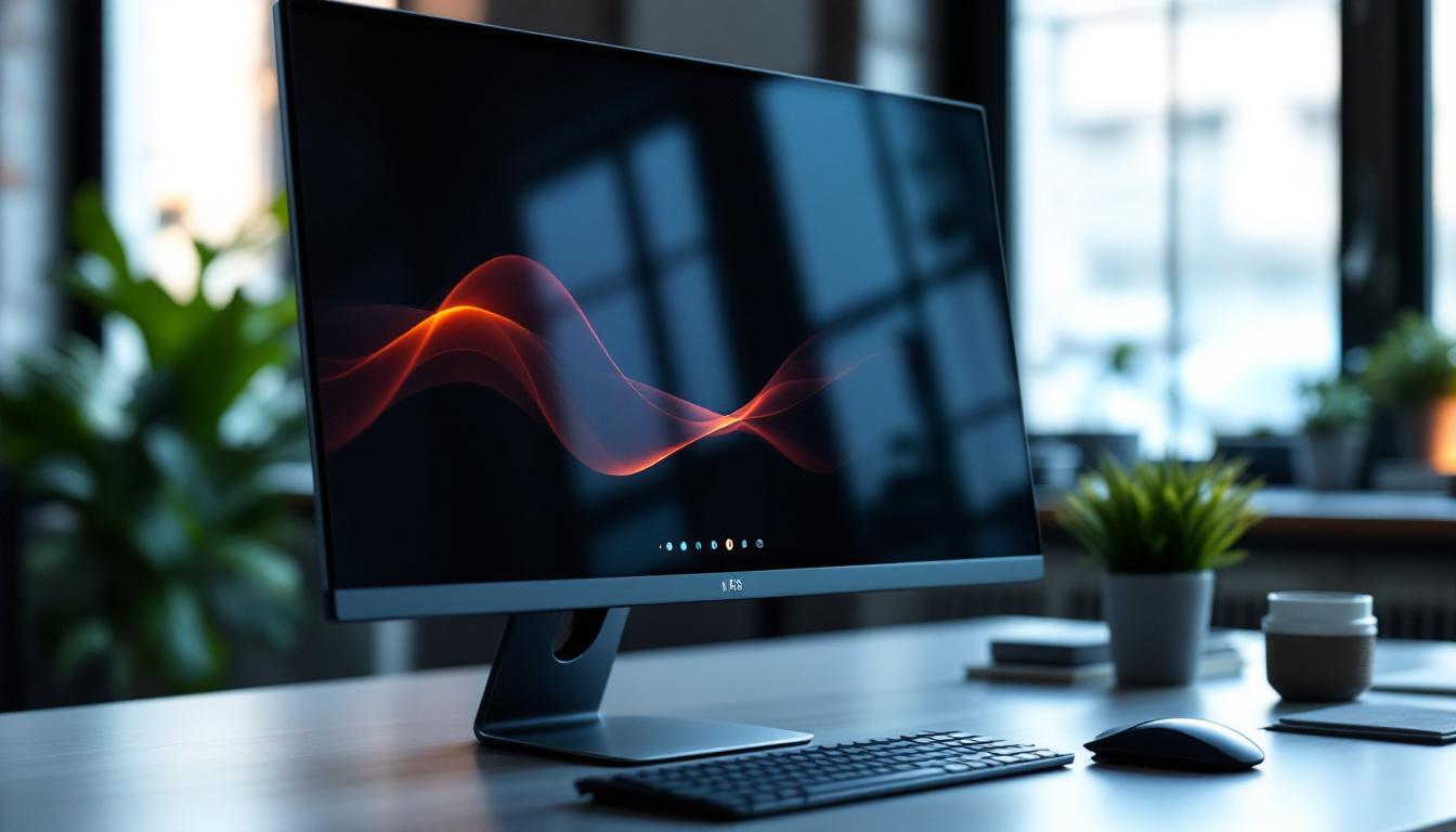 A photograph of a sleek monitor equipped with a privacy screen protector