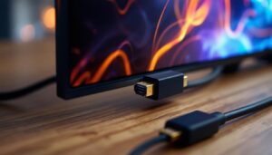 A photograph of a close-up shot of a dp 1.4a to hdmi adapter connected to a sleek led display