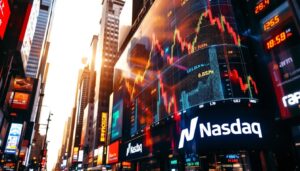 A photograph of a vibrant nasdaq led display in action