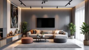 A photograph of a modern living space featuring stylish track lighting that highlights contemporary decor