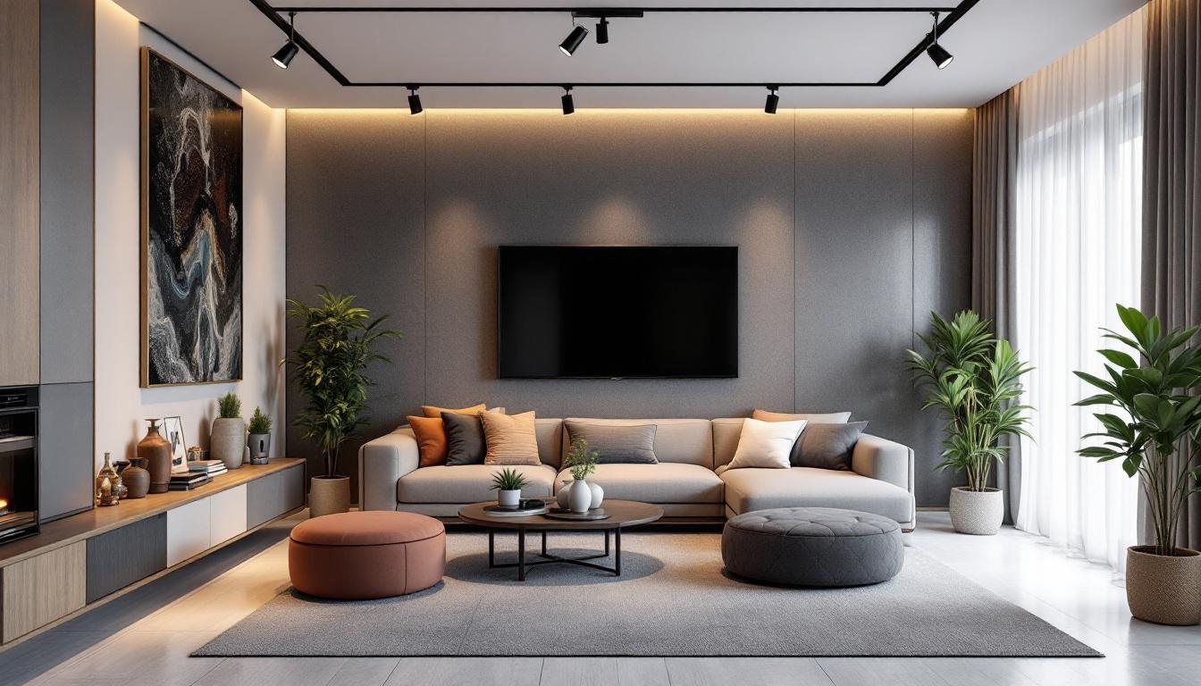 A photograph of a modern living space featuring stylish track lighting that highlights contemporary decor