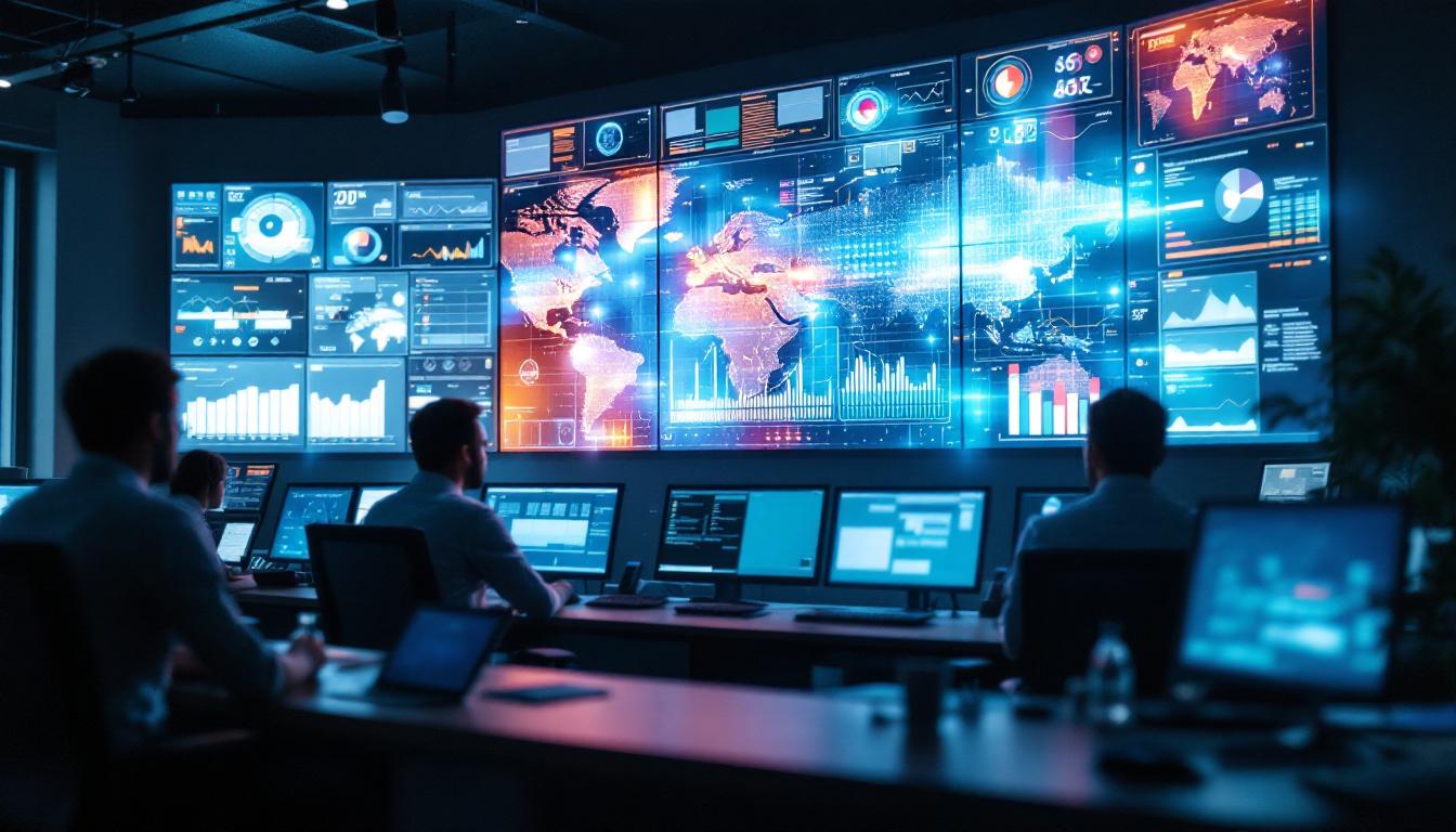 A photograph of a modern control room featuring a large