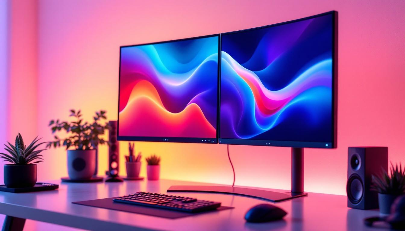 A photograph of a sleek workspace featuring both vertical and horizontal led monitors displaying vibrant wallpapers