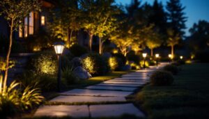 A photograph of a beautifully illuminated outdoor landscape featuring various led landscape lighting fixtures