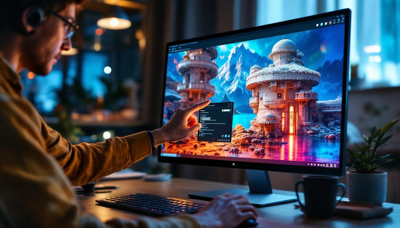 A photograph of a sleek hp touchscreen monitor displaying vibrant