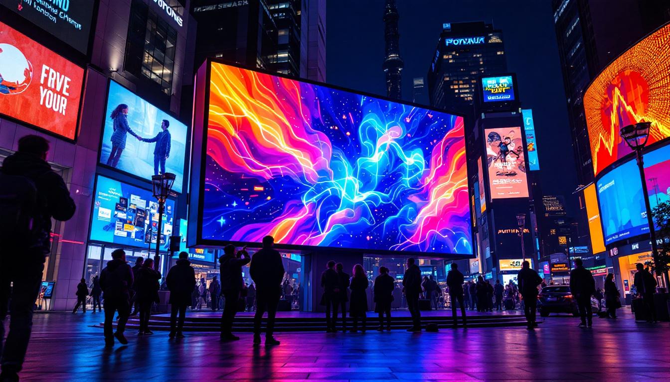 A photograph of a vibrant led display in a dynamic urban setting