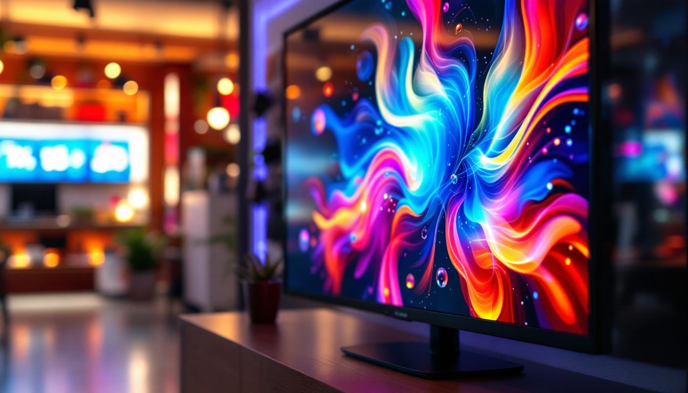 A photograph of a vibrant lcd display showcasing a colorful image or video