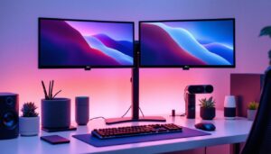 A photograph of a sleek dual monitor stand desk mount setup featuring two led displays