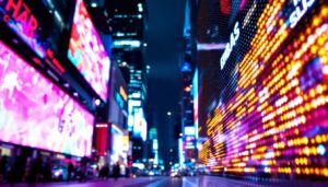 A photograph of a vibrant led display in action