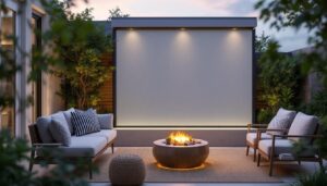 A photograph of capture a photograph of a stylish outdoor privacy screen panel with an integrated led display
