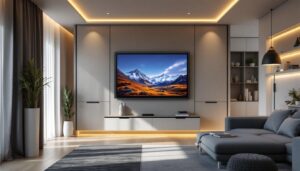 A photograph of a modern mobile home interior featuring sleek wall panels integrated with an led display