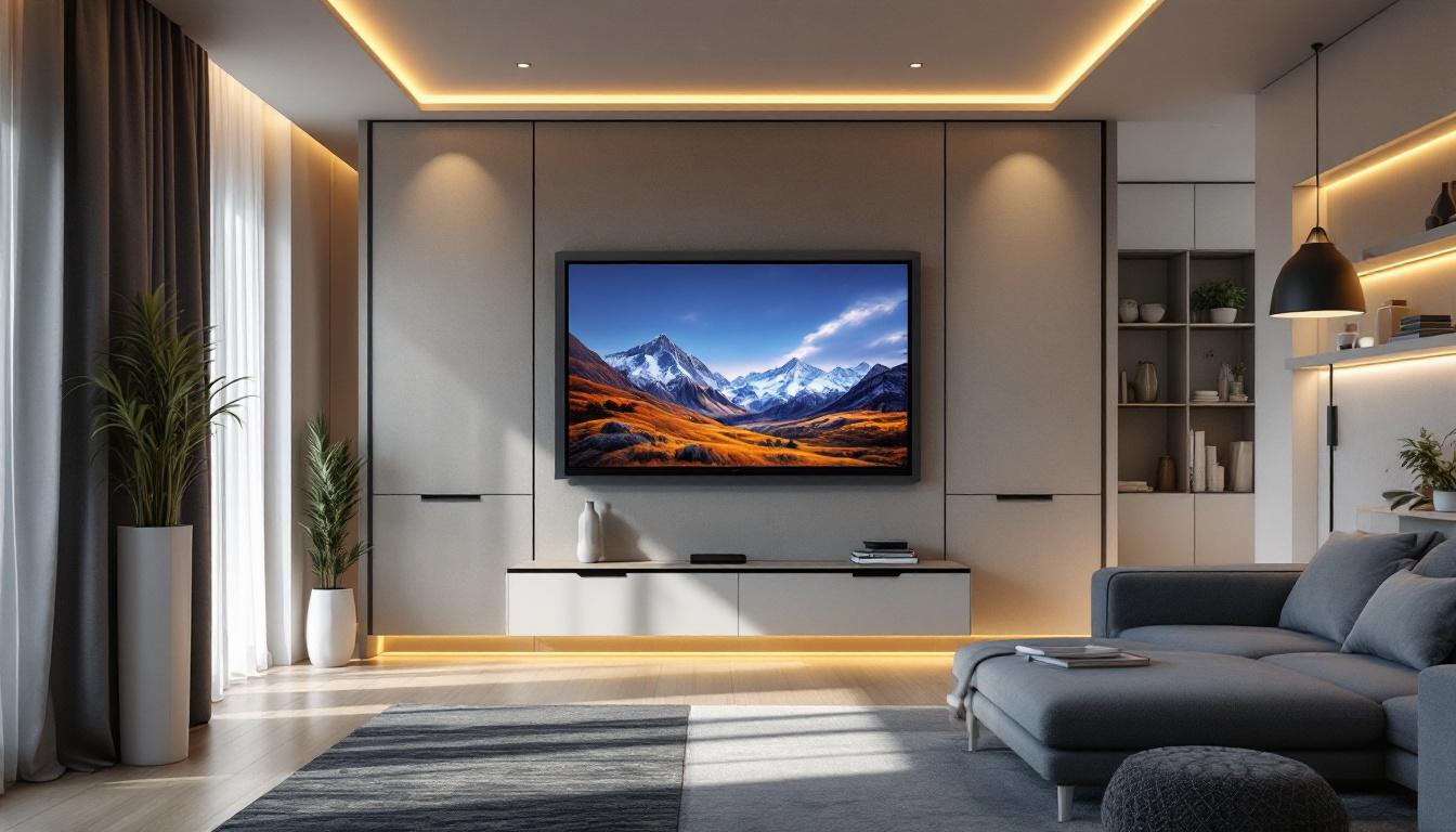 A photograph of a modern mobile home interior featuring sleek wall panels integrated with an led display