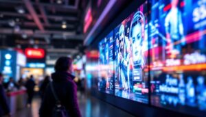 A photograph of a vibrant led digital display board in a bustling business environment