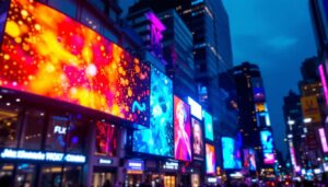 A photograph of a vibrant led display in a dynamic urban setting