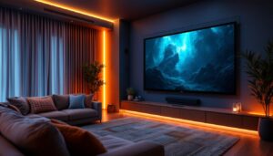 A photograph of a stylish home theater room featuring a large led display mounted on the wall