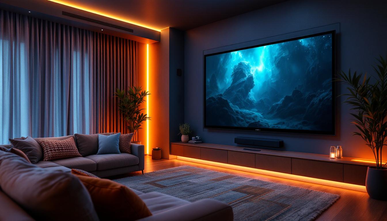 A photograph of a stylish home theater room featuring a large led display mounted on the wall