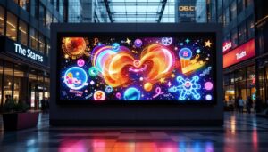 A photograph of a vibrant led display board showcasing dynamic visuals and text in a modern urban setting