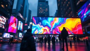 A photograph of a vibrant led display in a bustling urban environment