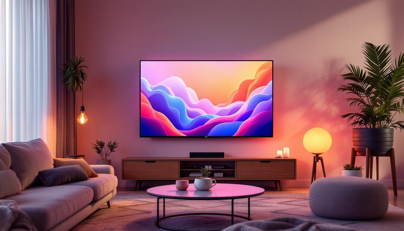A photograph of a modern living room setting featuring a large led tv prominently displayed