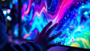 A photograph of a close-up shot of an led display screen showcasing vibrant colors and dynamic visuals