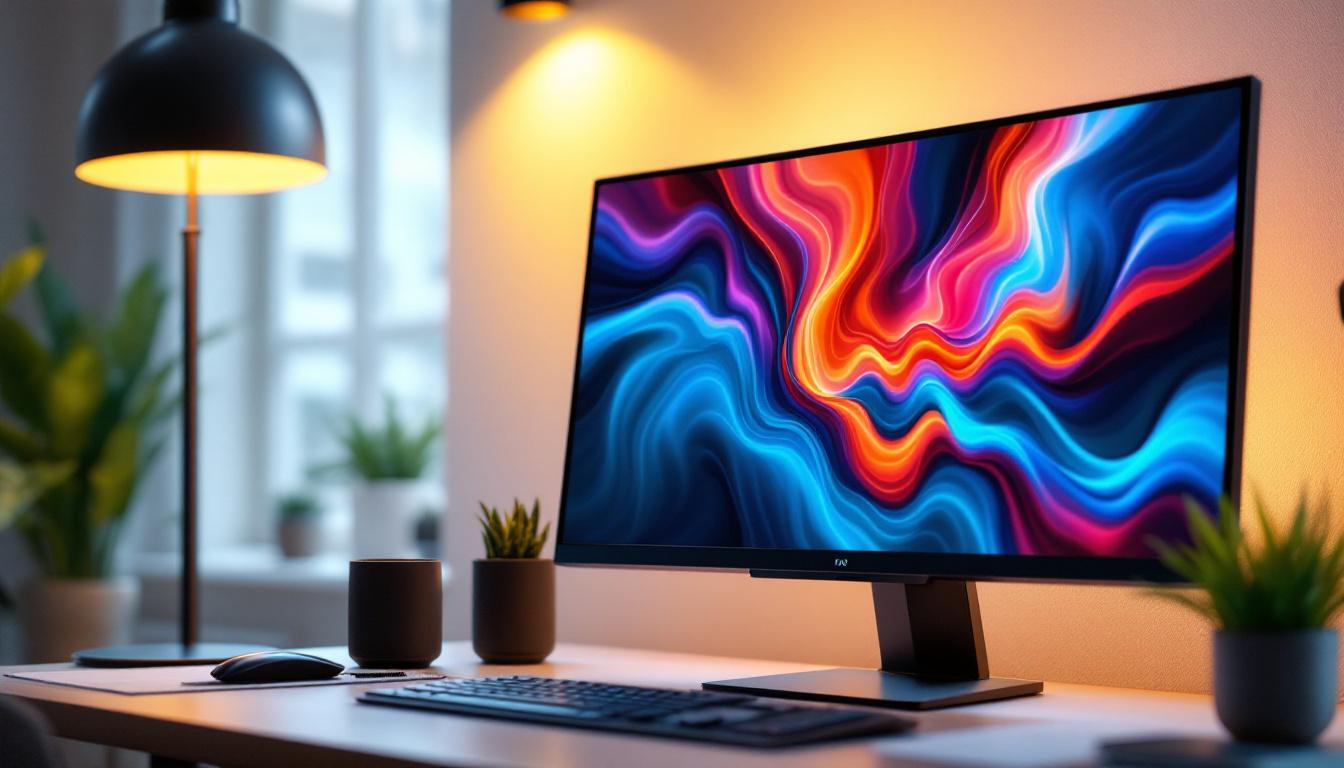 A photograph of capture a photograph of a sleek 24-inch led monitor displaying vibrant