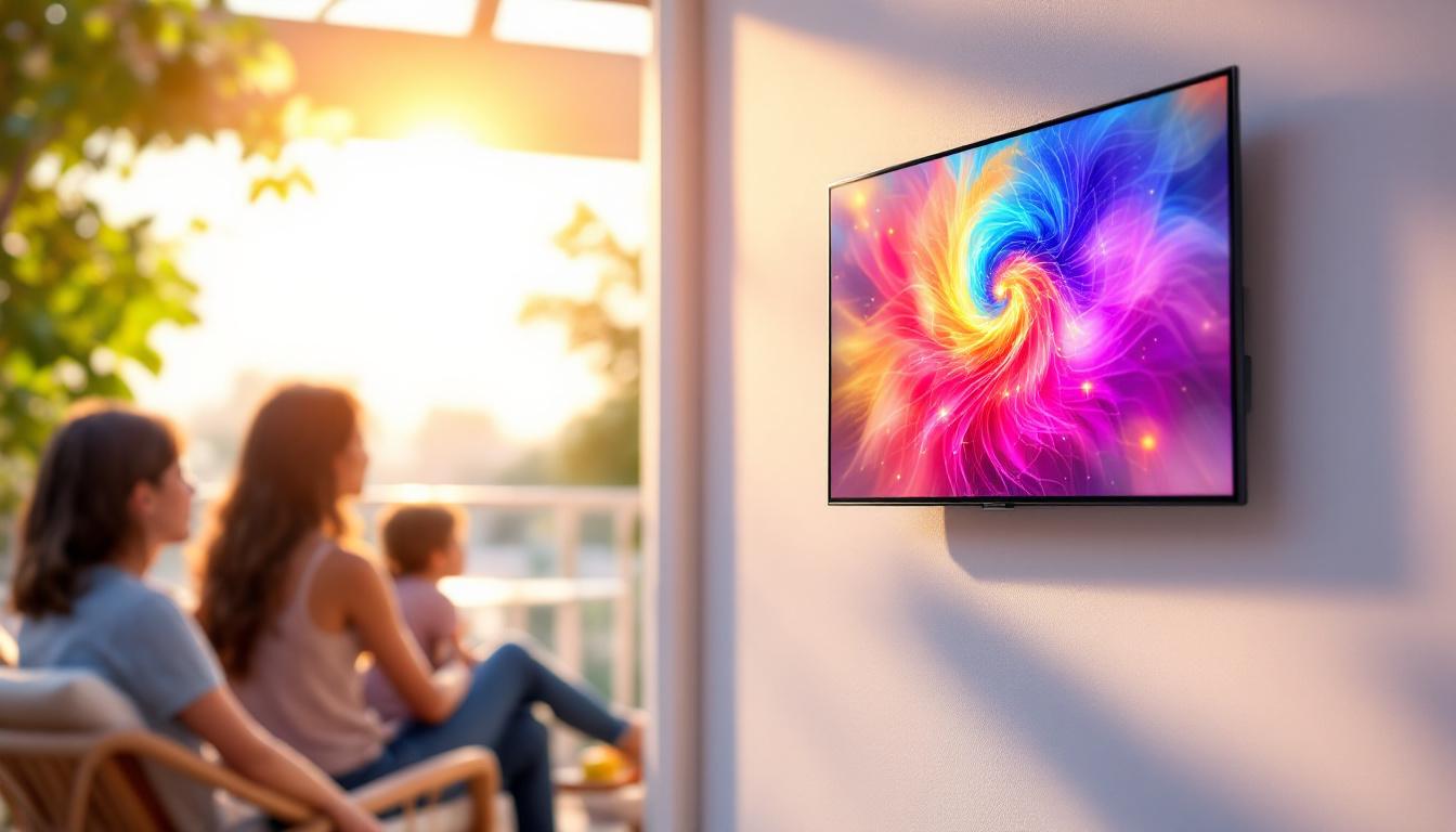 A photograph of a vibrant outdoor setting featuring a 40-inch led tv mounted on a patio or deck