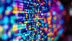 A photograph of a close-up shot of a pixelated led tv screen displaying vibrant colors