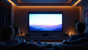 A photograph of a standard projector screen set up in a modern home theater environment