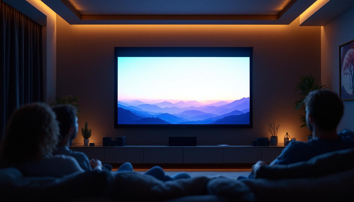 A photograph of a standard projector screen set up in a modern home theater environment