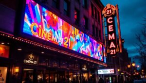 A photograph of capture a photograph of the vibrant led display at cinema 21 in portland