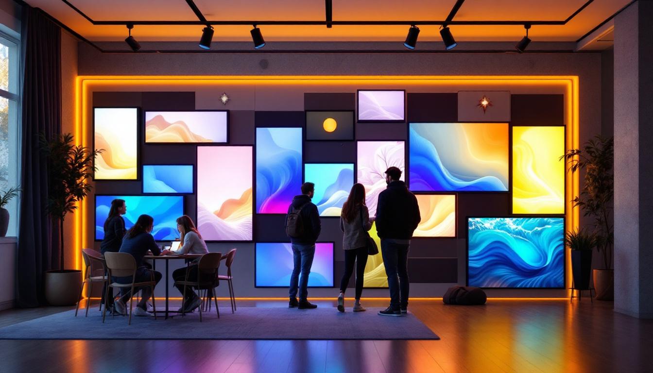 A photograph of a modular temporary wall installation featuring led displays